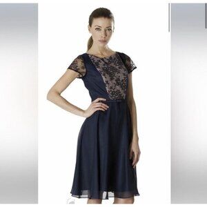 JS Collections Navy Nude Lace Belted Knee Length Formal Dress Short Sleeve Sz 6